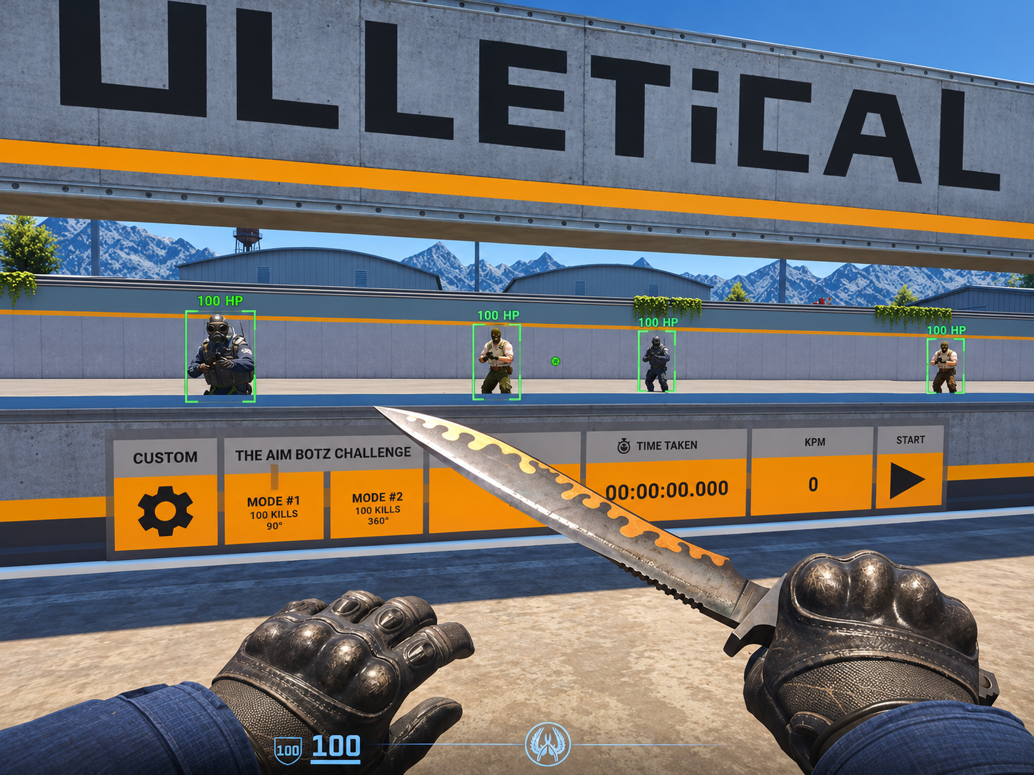 Free gameplay preview showing corner boxes and health labels in a training range