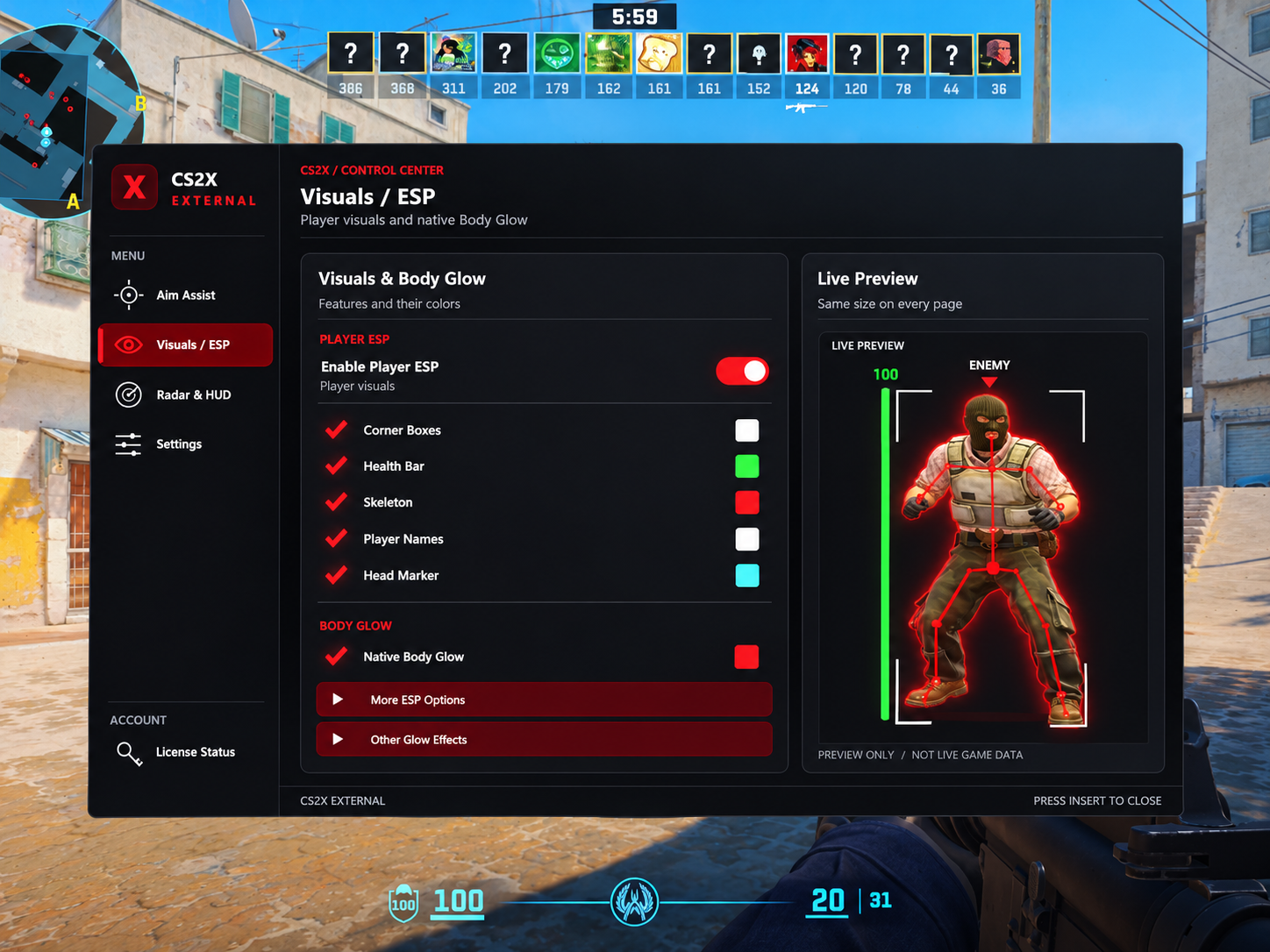 CS2X Premium control center with Visuals, Skeleton and Body Glow preview