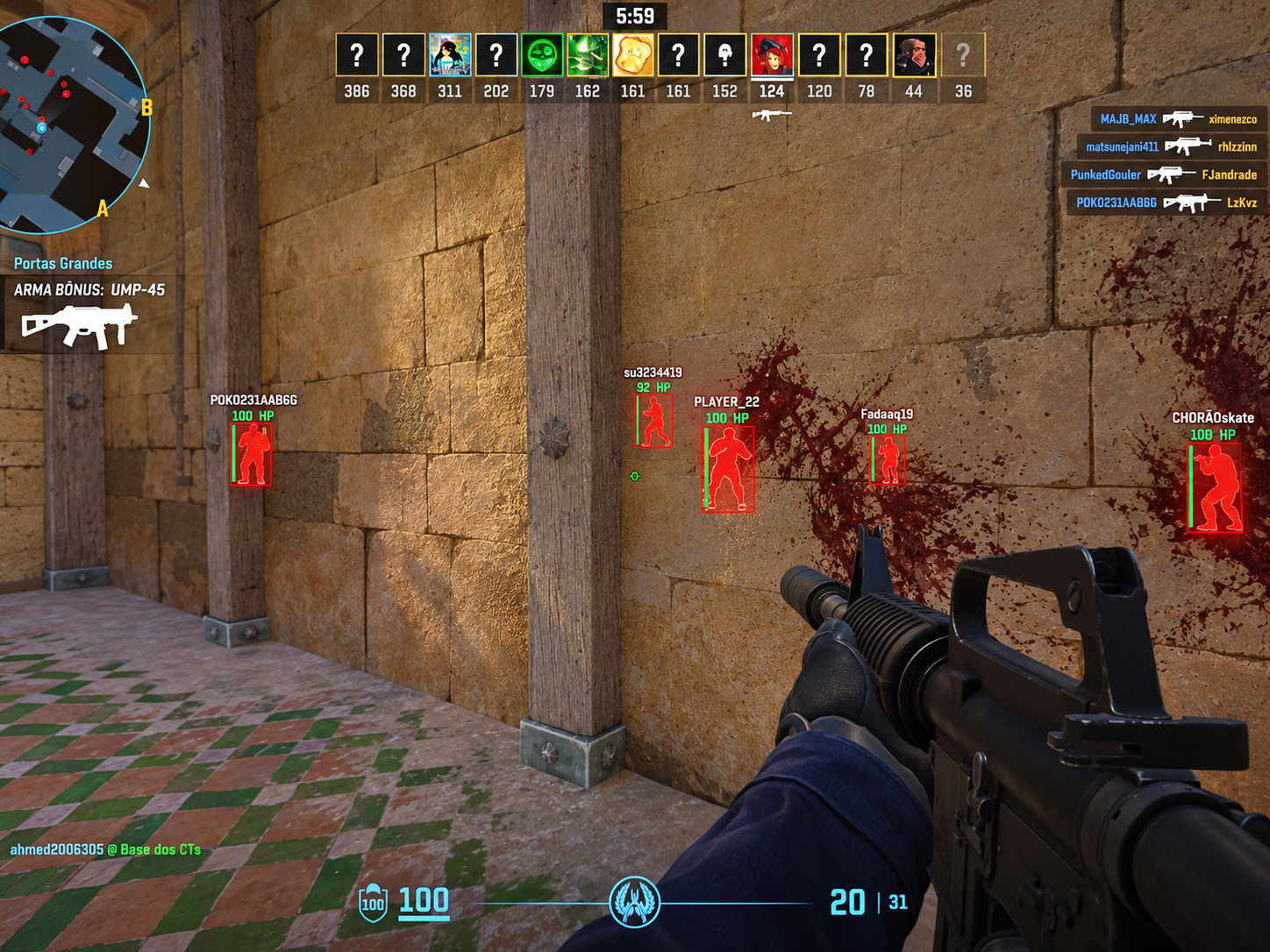 Premium gameplay concept with red silhouettes behind walls in a stone corridor