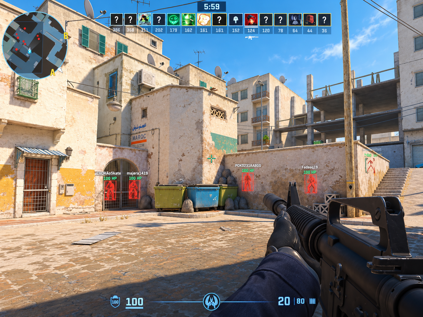Premium gameplay concept with red player silhouettes and HP labels on an urban map